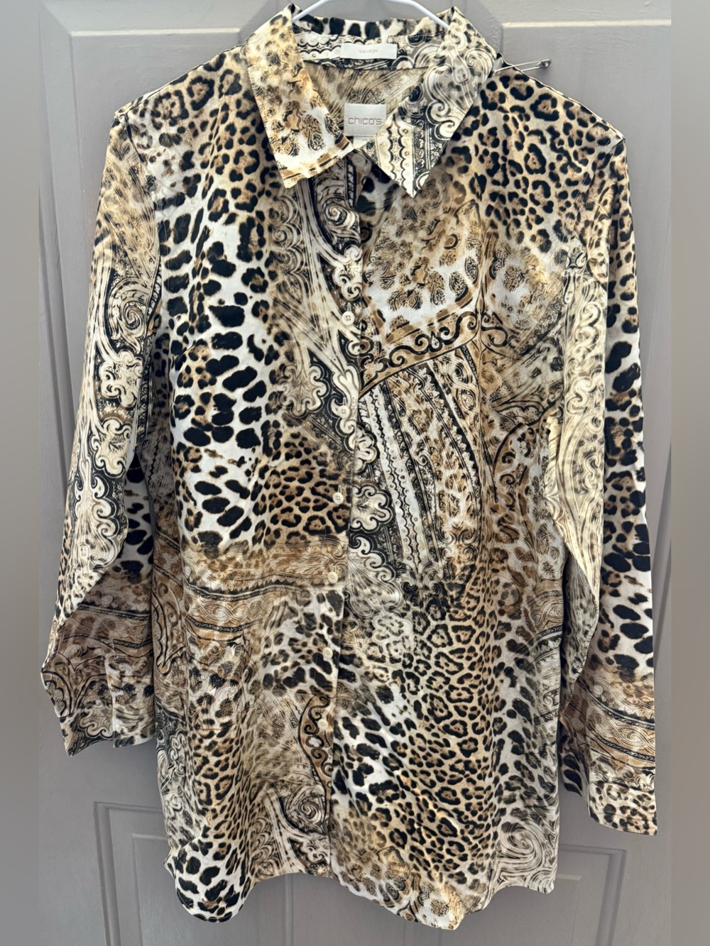 Chico's Mixed Animal & Paisley Print Blouse in Tan and Black